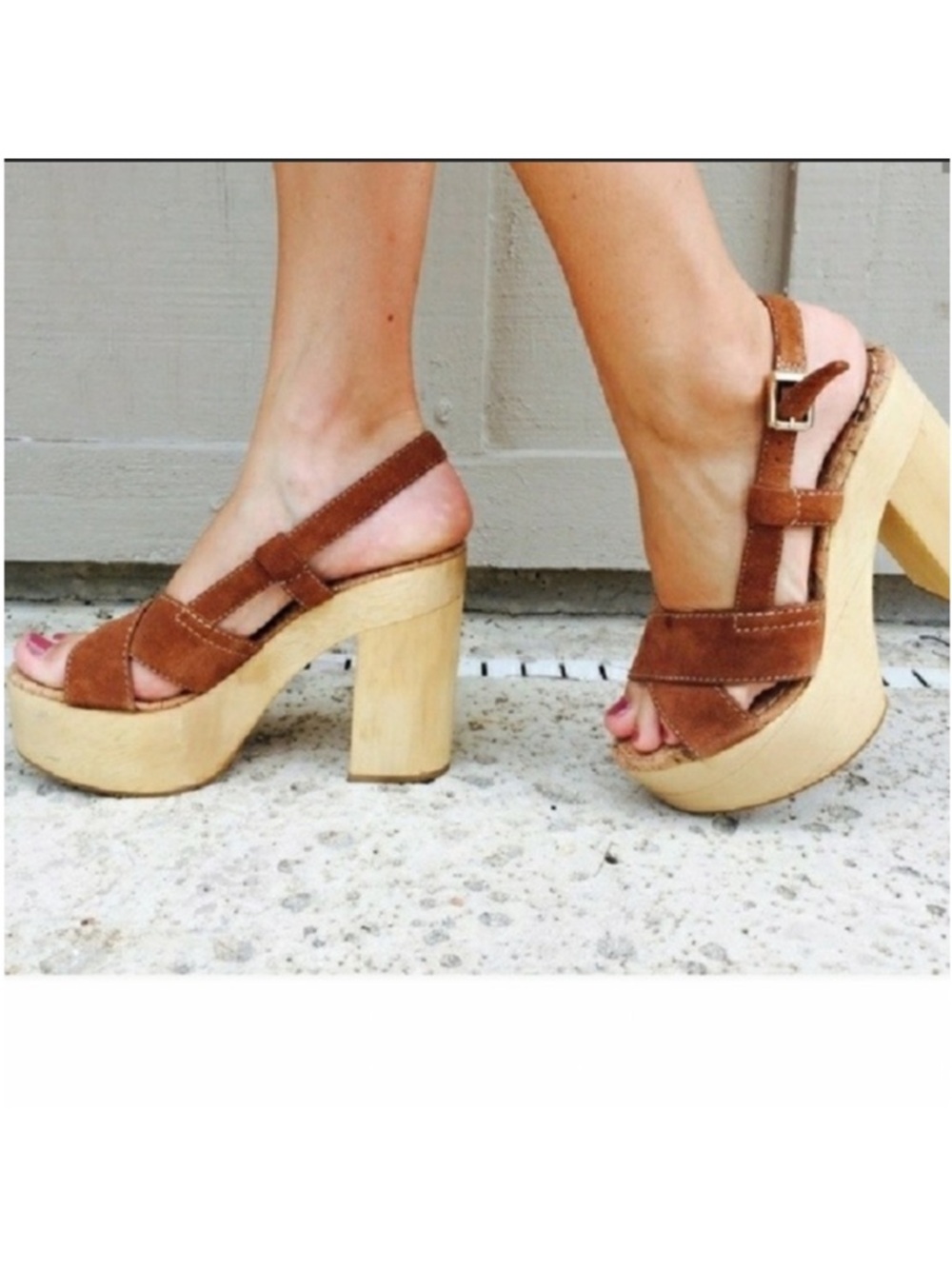 Sam Edelman Mae Saddle Suede Leather Wooden Chunky Platform Sandal Heel 8